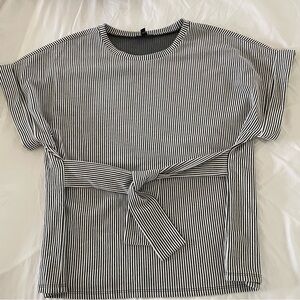 Express Short Sleeve Tie Waist Black and White Striped Top